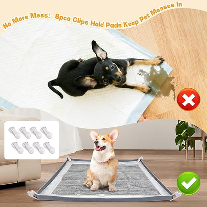 Dog Pee Pad Holder, Puppy Pad Holder Tray for 24'' x 24'' Training Pads, 15pcs Dog Potty Tray Set Include High Edge Silicone Mat & 6 Activated Charcoal Disposable Puppy Pads & 8 Holder Clamps