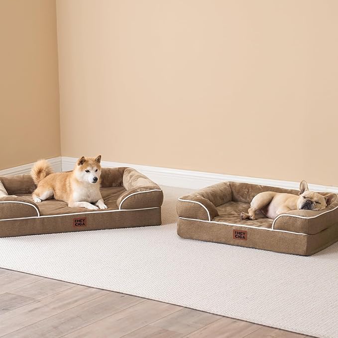 EHEYCIGA Orthopedic Dog Beds for Large Dogs, Waterproof Memory Foam Large Dog Bed with Sides, Non-Slip Bottom and Egg-Crate Foam Pet Couch Bed with Washable Removable Cover, Camel