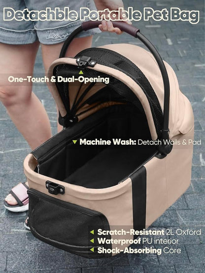 Dog Stroller, Cat Strollers, 5-in-1 Pet Stroller with Detachable Waterproof Carrier for Small/Medium Dogs Cats up to 55lbs, All-in-One Fold Without Detaching Carrier for Dogs Cats 10 lbs to 55 lbs