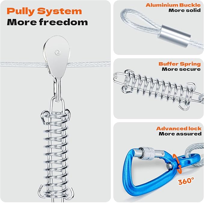 75ft Dog Runner for Yard Large Dog Heavy Duty with Double Shock Absorbers Tangle-Free Aerial Trolley System for Large Dogs Up to 250lbs (Orange)