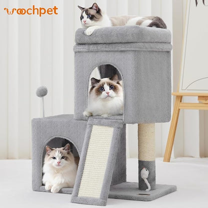 24inch Tall cat Tree with 2 cat condo and Mouse Toy Cozy Small cat Tower with Scratching Post and Board for Kitties and Small Cats.（Light Grey）