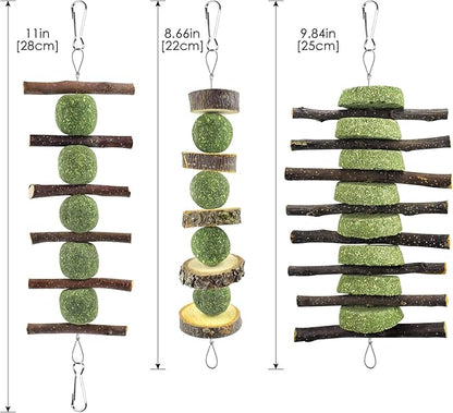 ERKOON Bunny Chew Toys, Rabbit Chew Toys for Teeth Grinding, Improve Dental Health, 100% Natural Apple Wood Timothy Grass Cake Treats for Rabbits Guinea Pigs Chinchillas Bunnies Hamsters (3 Pcs)