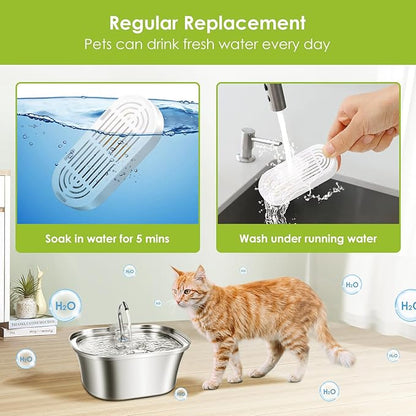 6 Pack Replacement Cat Fountain Filters & Replacement Sponges for Stainless Steel Pet Fountain with Water Level Window, Fountain Carbon Filters for Dog Water Dispenser Bowl
