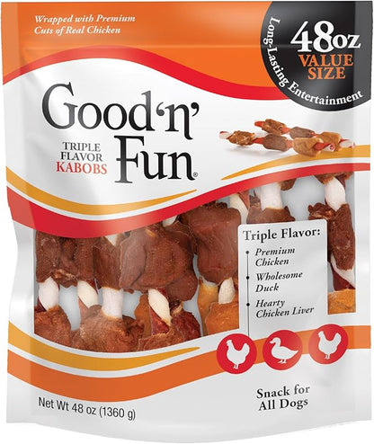 Good ‘n’ Fun Triple Flavor Kabobs Chews for All Dogs, 48 Ounces, Treat Your Dog to Chews Made from Beef Hide, Real Chicken, Pork Hide, Duck and Chicken Liver