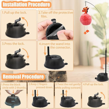 4-in-1 Interactive Cat Toys Set with Suction Cup Wand, Hanging Cat Toys, Fishing Pole Cat Wand & Kitten Balls- Includes Variety Replaceable Worms, Feathers for Indoor Bored Cats for Exercise
