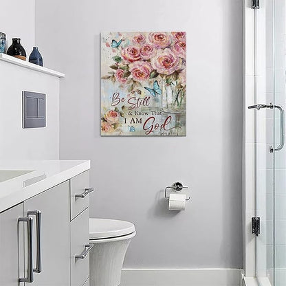 Farmhouse Rose Wall Art Christian Scripture Pictures Pink Rose Wall Decor Rustic Floral Butterfly Canvas Print Painting Artwork for Bathroom Living Room Bedroom 16"x20"