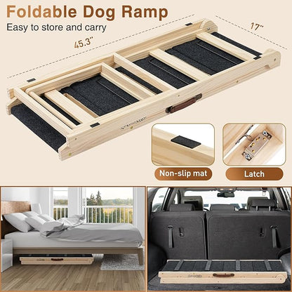 2025 Upgraded Dog Steps for Bed & Couch - 2-in-1 Dog Stairs/Ramp for Small to Large Breeds - 45.3" Long Adjustable 14"-26" Up to 200LBS - Folding Portable Wooden Pet Stairs for high Bed Couch Car