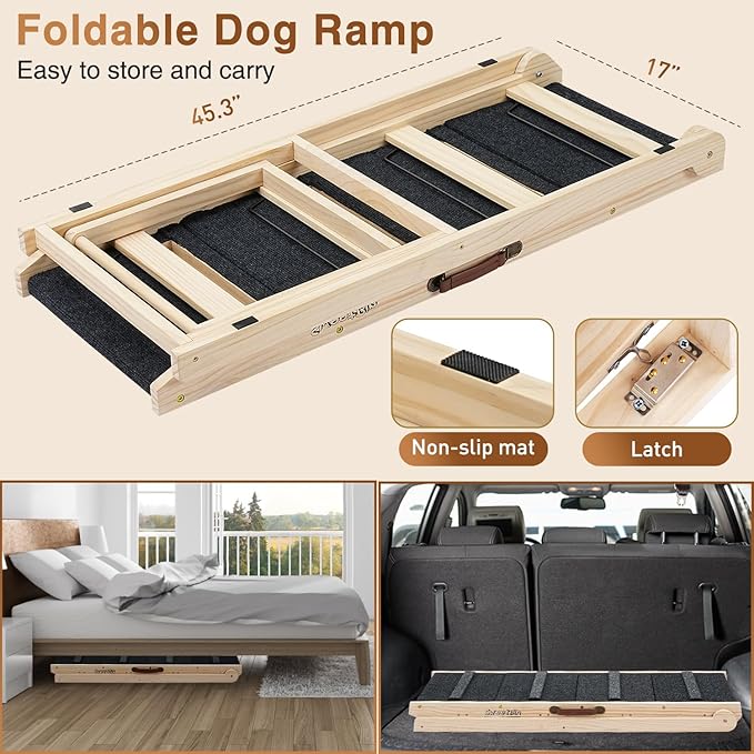 2025 Upgraded Dog Steps for Bed & Couch - 2-in-1 Dog Stairs/Ramp for Small to Large Breeds - 45.3" Long Adjustable 14"-26" Up to 200LBS - Folding Portable Wooden Pet Stairs for high Bed Couch Car