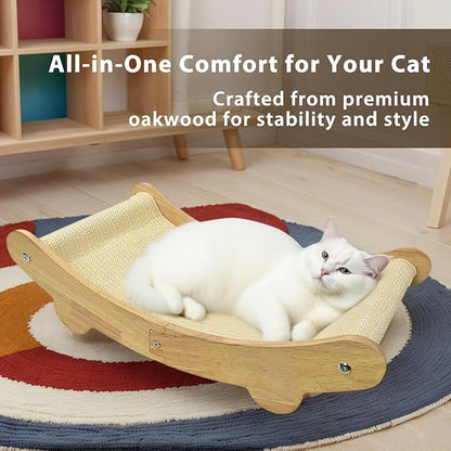 2-in-1 Sisal Cat Scratcher Bed for Indoor Large Cats – Hammock Lounge with Natural Sisal Pad, Wooden Cat Furniture for Scratching and Resting