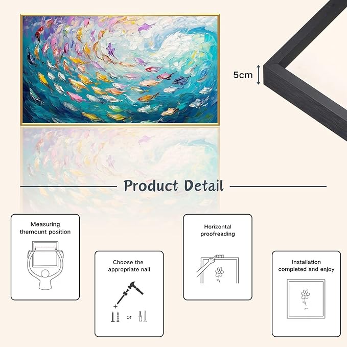 Fish Canvas Wall Art, Abstract School of Fish Canvas Wall Art, Ocean Picture Print, Sea Life Print Decor, Nautical Painting, Living Room, Bedroom, Bathroom Decor (Black Framed, 36"x20" | 92x52cm)