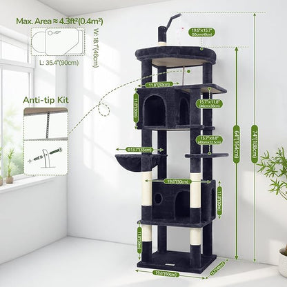 Globlazer Large Cat Tree Tower, Tall Cat Tree Condos for Indoor Cats Large Adult Cat Climbing Tower with 2 Spacious Caves, Oversized Top Perch, Big Hanging Basket, Cat Teaser Wand, F74B, Dark Grey