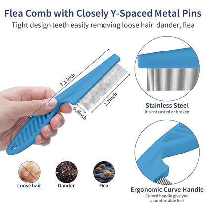 5 in 1 Dog Grooming Kit - Self-Cleaning Slicker Brush for Shedding Short Long Haired Dogs & Cats, Includes Pet Comb, Flea Comb, Bath Brush, Undercoat Rake - Complete Fur Care Set - Blue