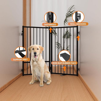 Full Metal Freestanding Dog Gate with Door, 32''Height Foldable Pet Dog Fence for Indoor & Outdoor, 2 Panels Extra Wide Free Standing TallDog Gates for Doorways,House,Stairs,Porch,Deck,Yard