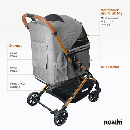 Foldable Pet Stroller for Dogs and Cats, 33 lbs Capacity, 360° Swivel Front Wheels, One-Click Fold, Brake System, Leash & Lock Clips, Removable Washable Padding, and Cup Holder (Gray, 33 lbs)