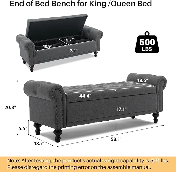 58.1'' Storage Bench Upholstered Linen End of Bedroom Bed Bench Ottoman with Tufted Cushioned Rolled Arm Large Storage Space for Reading Living Room Entryway, Grey
