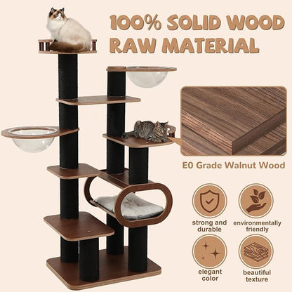 70.8'' Tall Luxury Cat Tree,All i,ne One Black Walnut Wood Modern Cat Tower for Indoor Large,Huge Multi-Level Cat Furniture with Scratching Posts,Condo,Cushion,Clear Bowl,Platform for Home Decoration