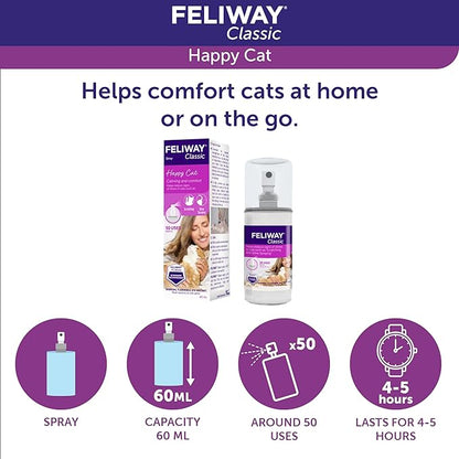 FELIWAY® Classic Cat Calming Spray, 60ml - Comforts Cats at Home and On the Go and Helps to Calm During Travel