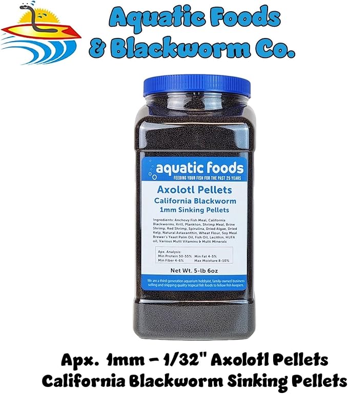 Aquatic Foods Inc. Axolotl Blackworm Pellets. 1mm-1/32 Sinking California Blackworm Micro Pellets for Baby Axolotl, Frogs, Shrimp, Salamanders, Newts, Snails…5-lbs 6oz Jar