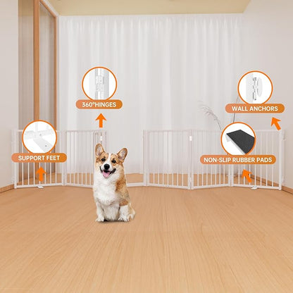 Full Metal Freestanding Dog Gate with Door, 24'' Height Foldable Pet Dog Fence for Indoor & Outdoor, 6 Panels Extra Wide Free Standing SmallDog Gates for Doorways,House,Stairs,Porch,Deck,Yard