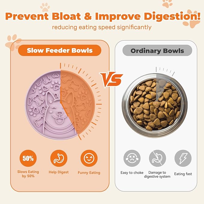 Dogs Slow Feeder Bowl,Silicone Dogs Bowl,Non-Slip Design, Puppy Pattern Interval Eating Slowly. (Peach Pink)