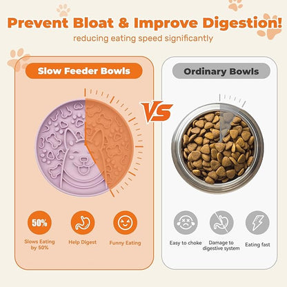 Dogs Slow Feeder Bowl,Silicone Dogs Bowl,Non-Slip Design, Puppy Pattern Interval Eating Slowly. (Peach Pink)