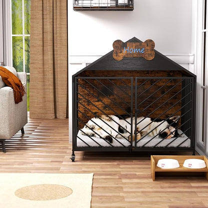 Furniture-Style Dog Crate with Gable Roof Design, Double Locking Doors Indoor Kennel for Small & Medium Dogs, Chew-Proof Escape-Proof Dog Cage, Rustic Brown