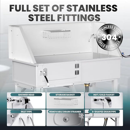 Dog Washing Station for Home, 38" White Professional Stainless Steel Dog Grooming Tub, Height Adjustable Dog Bathing Station, Upgrade Parts, Dog Bath Tubs for Small & Medium Dogs(Left Stair)