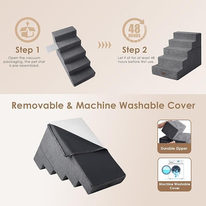 EHEYCIGA Dog Stairs for High Bed 25" H, 5-Step Extra Wide Dog Steps for Bed, Pet Steps for Small Dogs and Cats, Non-Slip Balanced Pet Ramp Indoor, Grey