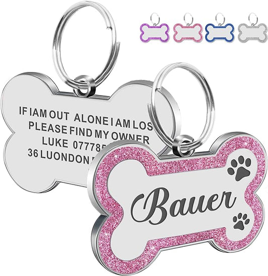 Dog Tags Personalized for Pets Dog Name Tags Personalized Dog Tag Engraved with Any Name & Text Custom Dog ID Tags Glitter Bone ID Tag for Puppy Cat (Pink S, Bone)