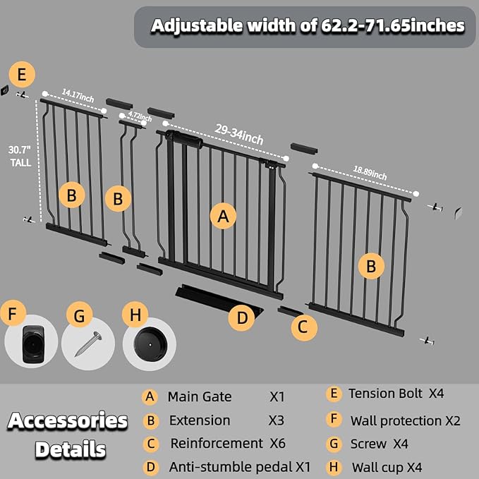 62.2"-71.65" Extra Wide Auto Closing Baby Safety Gate for Stairs & Doorways, Pressure Mounted No Drill Pet Gate with Walk-Through Door - Heavy Duty Childproof Gate for Toddlers, Kids, Dogs (Black)