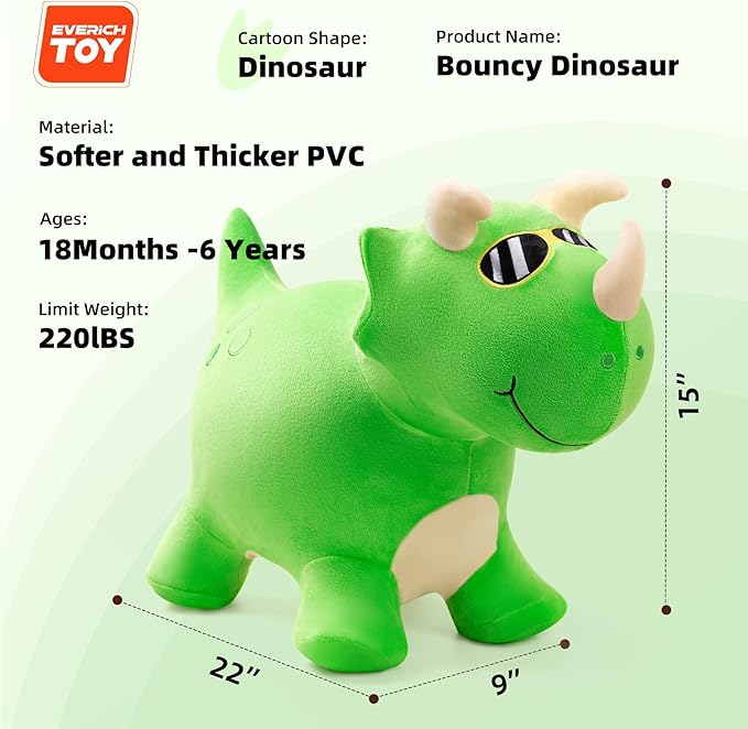 EVERICH TOY Bouncy Horse Dinosaur Toys, Inflatable Bouncing Animal Hopping Toys, Outdoor Indoor Ride on Bouncer, Boys Girls Birthday Gift for 18 Month 2 3 4 5 6 Year Old Kid- Plush Dinosaur Toy