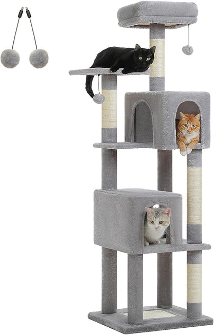 62-Inch Cat Tree for Indoor Cats, Large Cat Tower with Scratching Posts for Large Cats, 2 Bigger Plush Condos, Padded Platform, Soft Cat Bed and Scratching Pad, 2 Pompoms, Gray