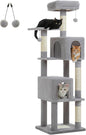 62-Inch Cat Tree for Indoor Cats, Large Cat Tower with Scratching Posts for Large Cats, 2 Bigger Plush Condos, Padded Platform, Soft Cat Bed and Scratching Pad, 2 Pompoms, Gray