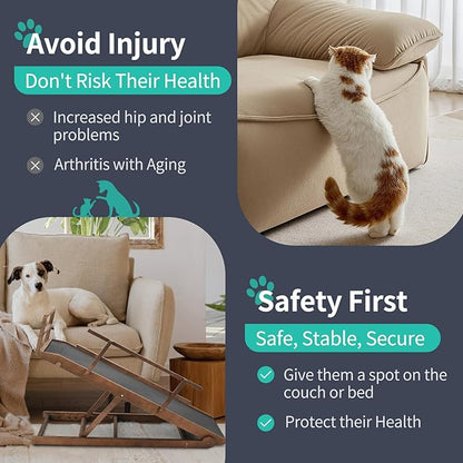 Dog Ramp, 5 Level Adjustable Height Folding Pet Ramp for High Bed, Portable Paw Ramps Large Bed Ramp for Medium & Large Old Dogs & Cats - Natural Wood Furniture Quality