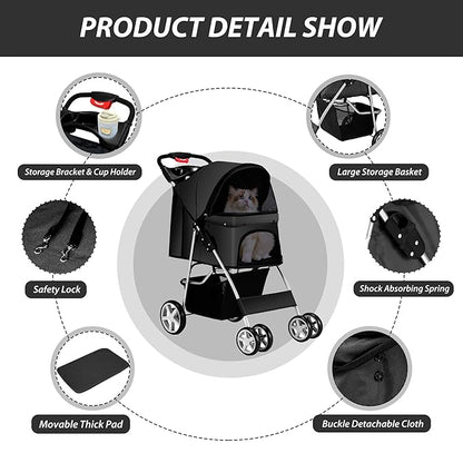 4 Wheels Pet Stroller for Small Medium Dogs Cats 10-33 lbs, Foldable Dog and Cat Stroller with Cup Holder & Storage Basket & Breathable Mesh, Pet Strolling Cart for All-Season, Black
