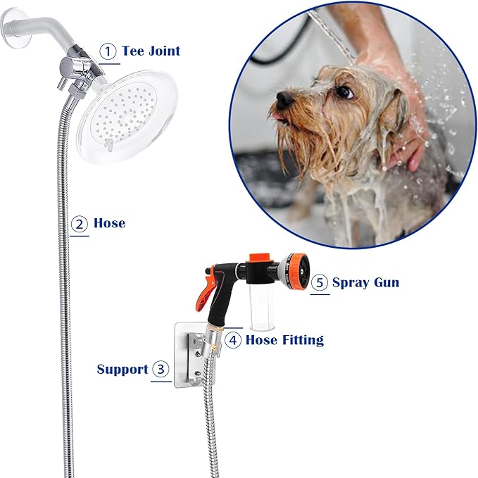 Dog Shower Attachment Water Hose Nozzle Sprayer Set with Metal 3-Way Shower Diverter & 6.6 Ft Long Hose for Bathroom Shower Arm Easy Indoor Outdoor Pet Pup Dog Washing Hose attachment