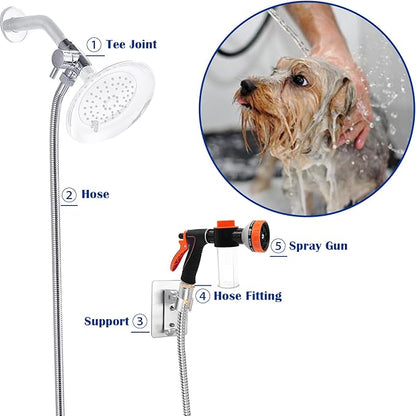 Dog Shower Attachment Water Hose Nozzle Sprayer Set with Metal 3-Way Shower Diverter & 6.6 Ft Long Hose for Bathroom Shower Arm Easy Indoor Outdoor Pet Pup Dog Washing Hose attachment