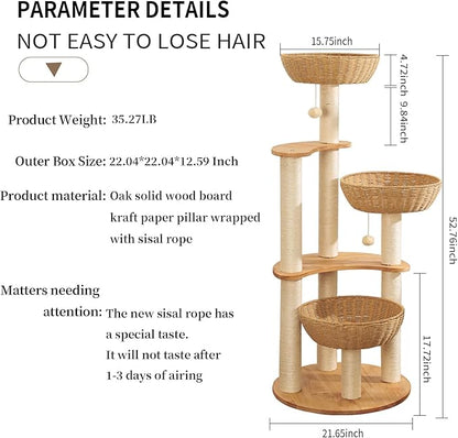 54" Modern Cat Tree Tower for Indoor Cats, Oak Cat Scratching Tree for Multiple Large Cats, Manual Hand Woven Luxury Cat Condo, Unique High-end Design Cat Furniture Activity Centre, Easy Clean