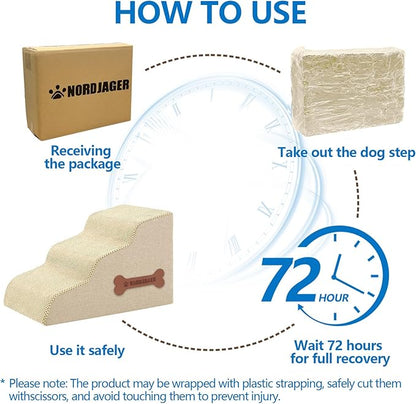 Dog Stairs 3-Step for Small Dogs and Cats to Get on Bed and Furniture/Windows, Pets Can Climb, Sit, or Perch to Look Out Windows, Extra Wide Dog Steps, Non-Slip Waterproof Fabric Cover, Beige（15.7" H）