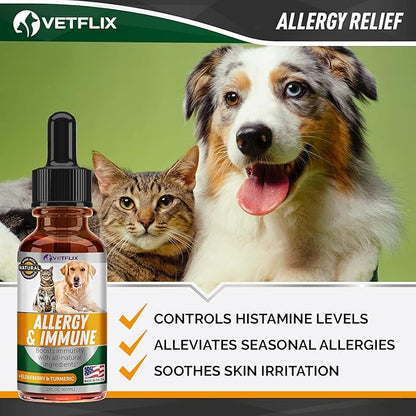 Allergy Immune Anti Itch & Hot Spots - Made in USA Natural Pet Supplement for Cat & Dog Allergy Relief with Turmeric & Milk Thistle -Seasonal Allergies Digestive Treatment for Dogs & Cats - 2 Fl Oz