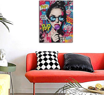 Fashion Women Wall Art Glam Modern Artwork for Girls Banksy Street Graffiti Pop Art Canvas Pictures Painting Print Framed Decorations Gifts for Bedroom Living Room Office 16"x20"