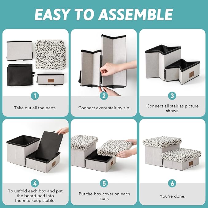 Dog Stair for Small Dogs with Storage, Foldable Pet Stairs for Medium or Puppy Dogs and Older Cats, Dog Steps for Bed or Couch with Soft Cover, 19.7x13x9.6 inch, 2 Tiers, Leopard