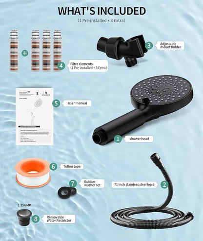 Filtered Shower Head with Handheld, High Pressure 9 Spray Mode Matte Black Showerhead with 4 Filters, Detachable Shower Head, Water Softener Filters Beads for Hard Water - Remove Chlorine