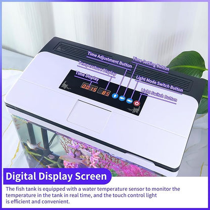 Glass Aquarium Fish Tank Starter Kit with Temperature and Time Display for Betta Fish Featuring Crystal Clear 360° Viewing, Eco-Cycle Filtration, Air Pump 12 Gallon