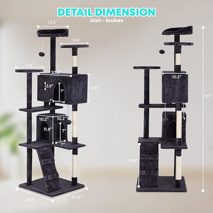 FDW Cat Tree 70in Cat Tower Multi-Level Durable Cat Scratching Post & Cozy Fun Cat Jumping Platform Space Saving Cat Condo Pet Play House for Indoor Cats,Ashy