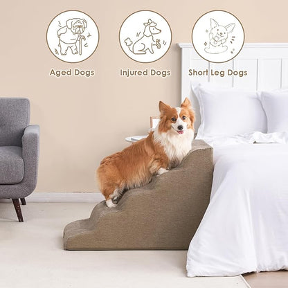 EHEYCIGA Curved Dog Stairs Ramp for High Beds, 5-Step Extra Wide Dog Steps for Small Dogs and Cats, Pet Stairs for High Bed Climbing, Non-Slip Balanced Pet Step Indoor, Camel