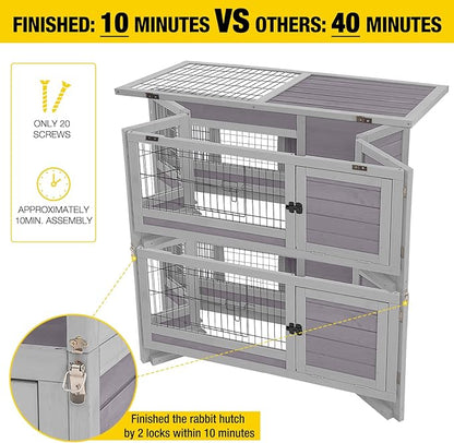 Aivituvin Large Rabbit Hutch Indoor and Outdoor Folding Bunny Cage on Wheels Guinea Pig Cage with Deep No Leak Pull Out Tray,Upgrade Version (Light Gray)