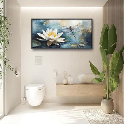 Extra Large Lotus Dragonfly Framed Wall Art for Living Room,Abstract Blue Lotus Flower Lake Pictures Wall Decor,Nature Canvas Print Painting Modern Artwork Bedroom Office Bathroom 60L" x 30W"