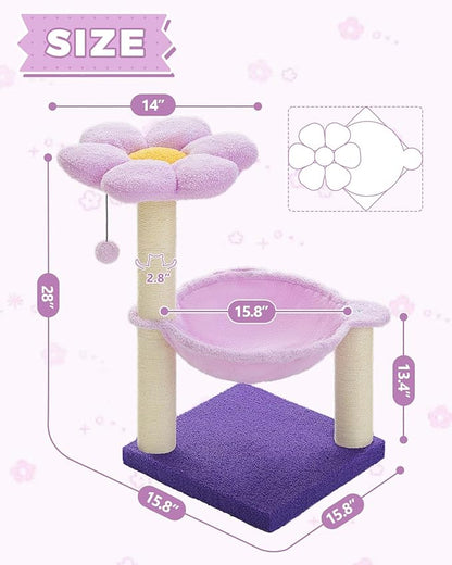 Flower Cat Scratching Post, 28" Cute Cat Tree Tower for Indoor Cats with Large Hammock Soft Perch Bed, Replaceable Toy Ball for Kittens, Purple
