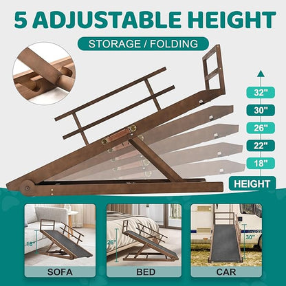 Dog Ramp for Bed, Adjustable Pet Ramps for Dog to Get on Bed, Non-Slip Rubber Surface - Folding Wooden Dog Ramp for Small/Large/Old Dogs, Adjustable up to 31 inch High Beds, Safety Railings